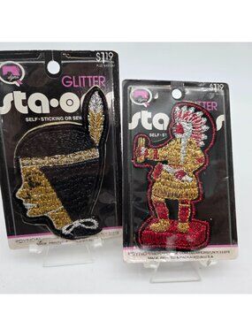 Glitter Embroidered Indian Chief & Profile Appliques Self-Stick Sew Iron-On